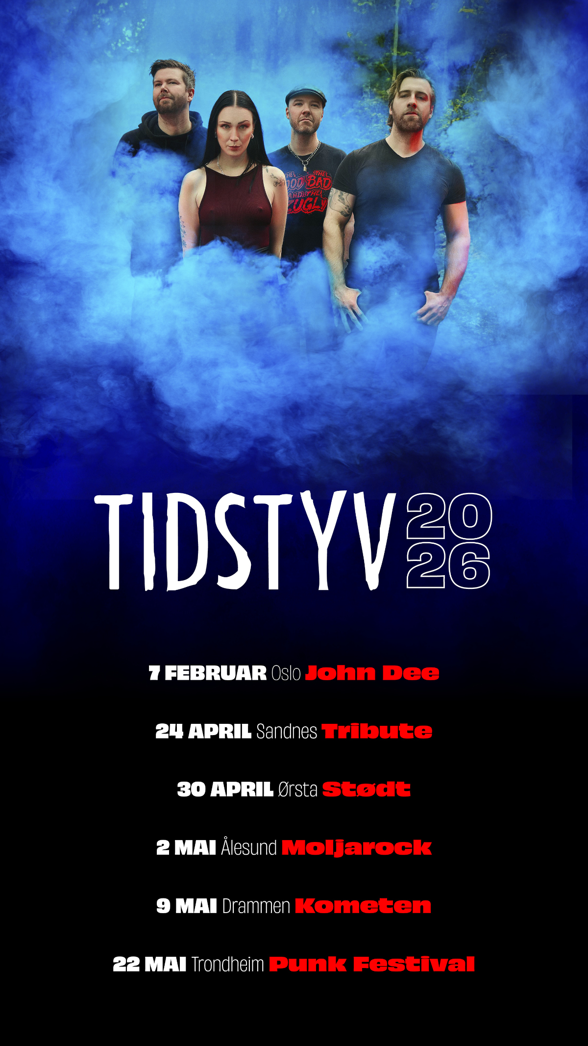 Turneplakat for Tidstyv 2026 med datoer og spillesteder